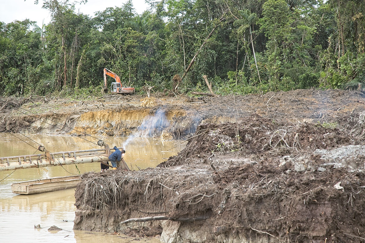 La retroexcavadora avanza tumbandonmonte en la selva del Chocó. Este trabajo terminó cambiando elcauce del río Quito y contaminó sus aguas. Foto de Víctor Galeano.