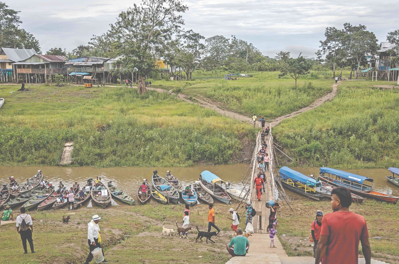 Lanchas y canoas llegan al estrecho brazo del río Amazonas que bordea Leticia con alimentos que comercializan las comunidades en el mercado. Entre motocicletas, motocamiones y conversaciones en lengua ticuna, los vendedores se instalan con frutas exóticas, ají, carbón, fariña y pescado, creando un colorido paisaje que mezcla acentos, aromas y formas, reflejo de la riqueza cultural y natural de la región. Foto de María Andrea Parra.