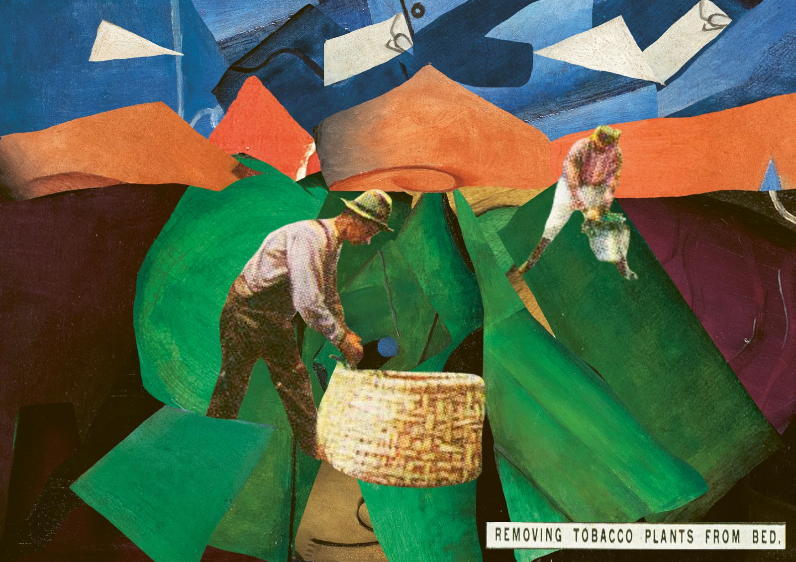 Del cultivo al fumador. Collage digital, 2022. «Mi participación en la sexta edición de Versiona Thyssen basada en la obra de Juan Gris: El Fumador. Ante la idea de construir una nueva pieza a partir de la obra de Gris, escogí resaltar la labor del agricultor como un agente de gestión entre los suelos, el ecosistema y los recursos naturales a través de los conocimientos tradicionales del campo»: Paula Senior Durán.