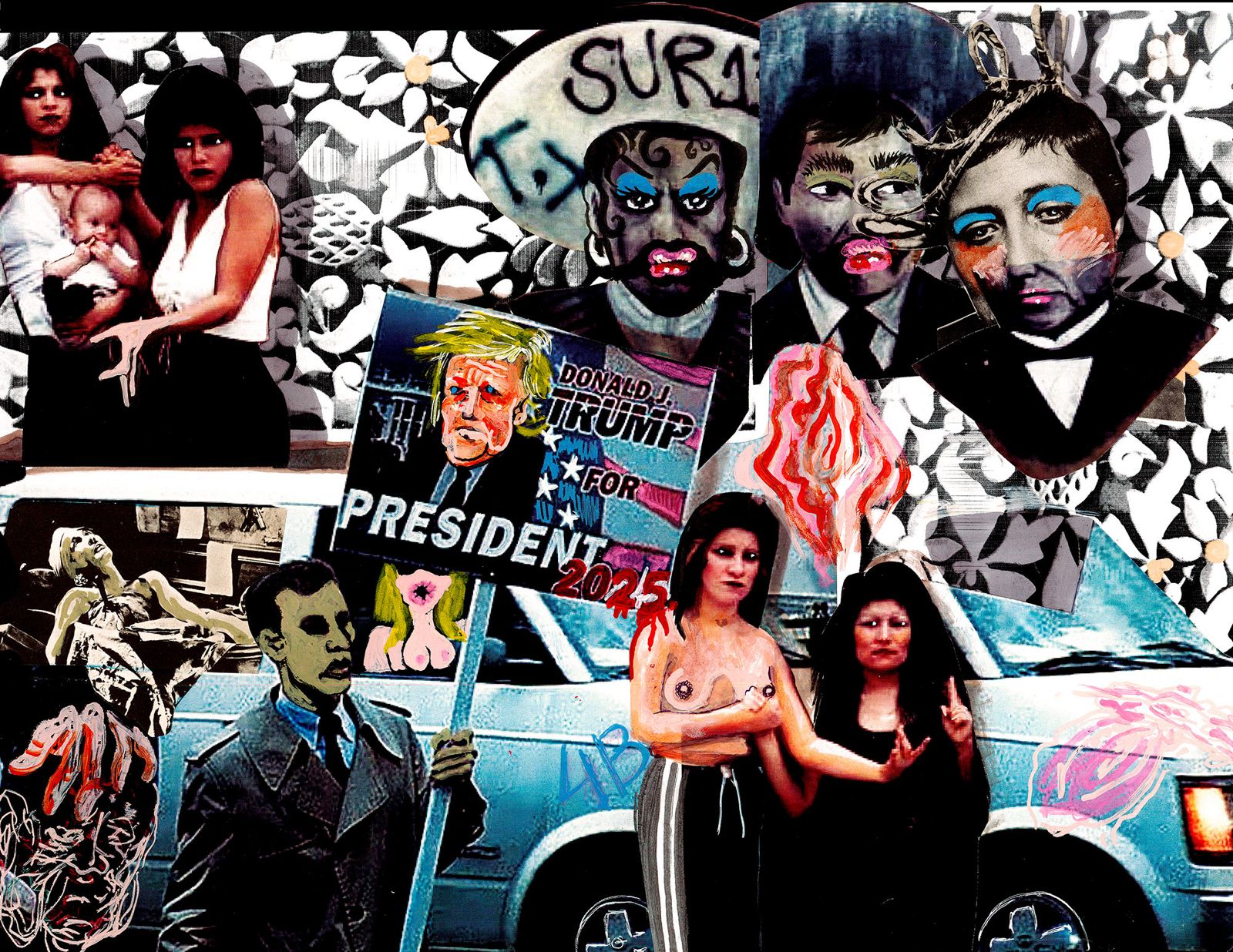 Fotograma del video musical de la cancion «Sleep Now In The Fire», 1999, de la banda norteamericana Rage Against The Machine, intervenido por la artista bumanguesa Glenda Torrado para GACETA. Con Wall Street como escenario y símbolo de la acumulación de capital, un corredor de bolsa empuña un cartel en el que pide a Donald Trump como presidente de los EE. UU., algo que para muchos resultaba risible en 1999. Hoy, buena parte de lo que describe esta canción se ha hecho realidad, incluida la falocracia promovida por Trump.