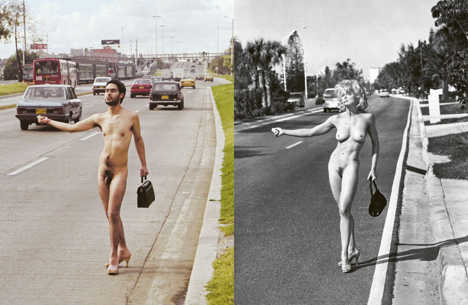 En Estereoscopía 11 o Construcciones Gemelas, 2002, Santiago Monge presenta un díptico que incorpora la célebre fotografía de Madonna haciendo autostop en una vía de South Beach (Miami Beach), tomada por Steven Meisel e incluida en el también icónico libro SEX (Warner Books, 1992). La imagen de Meisel, conocida por su estética refinada en blanco y negro, es reinterpretada a color por Monge en la autopista norte de Bogotá para generar un contrapunto cultural, social y contextual entre ambas escenas.