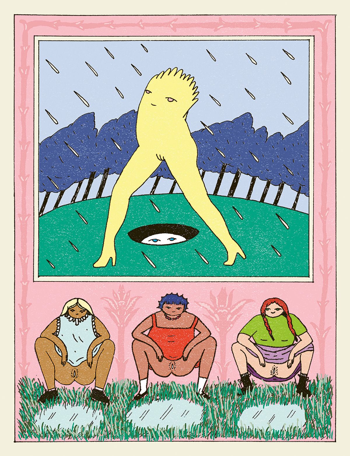 Baûbo, 2025 de Ana Silva Fry. Este dibujo representa a la diosa Baûbo, un personaje poco conocido de la mitología griega que es asociada con las vulvas, la fertilidad y, también, la risa. El dibujo, con sus colores y sus personajes de sonrisa traviesa, pone el énfasis en el poder, el juego y el misterio que hay en torno a la vagina y su representación.