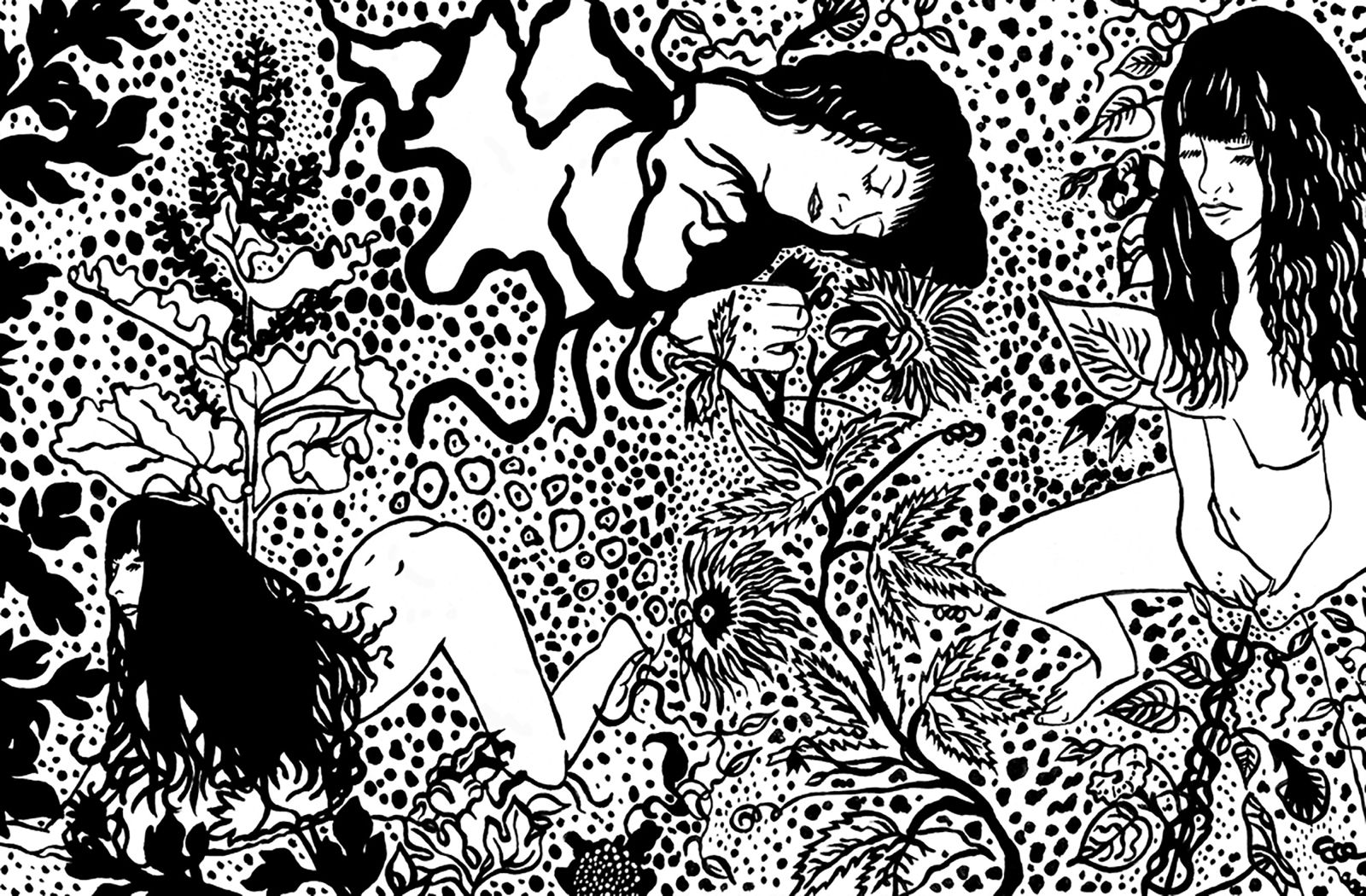 Pornosíntesis, 2025. Dibujo en tinta de María Isabel Rueda. Un trío de mujercitas establece una relación física y emocional con su jardín primitivo. Entre esporas, pistilos y campos energéticos exploran la búsqueda de una vitalidad, un goce, un deseo colectivo que trascienda lo humano.