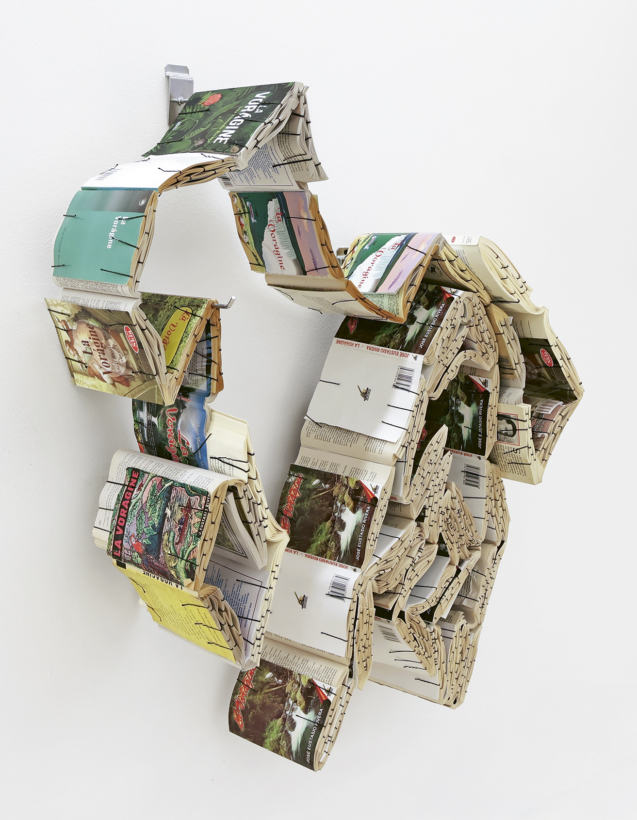Vorágine materia prima (instalación número 9, 2009-2025) de Felipe Arturo, se compone de ediciones informales de La vorágine entretejidas y sujetadas con ganchos de pelo. Aquí se muestra un detalle de la instalación como parte de la exposición «Oh Selva» presentada en la Casa de América Latina de Lisboa en 2025.