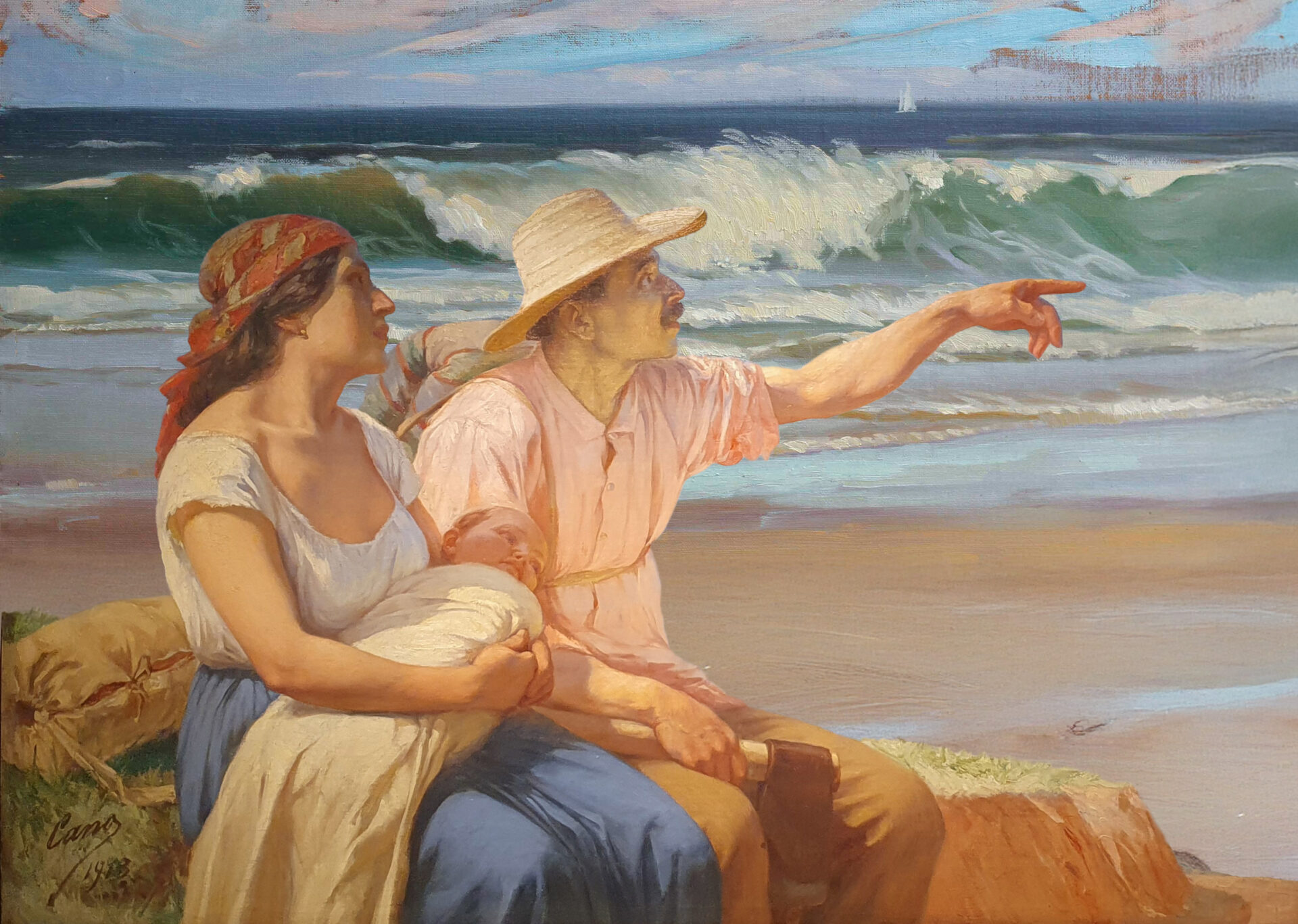 Horizontes, 1913 de Francisco Antonio Cano (intervenido con una escena de mar).