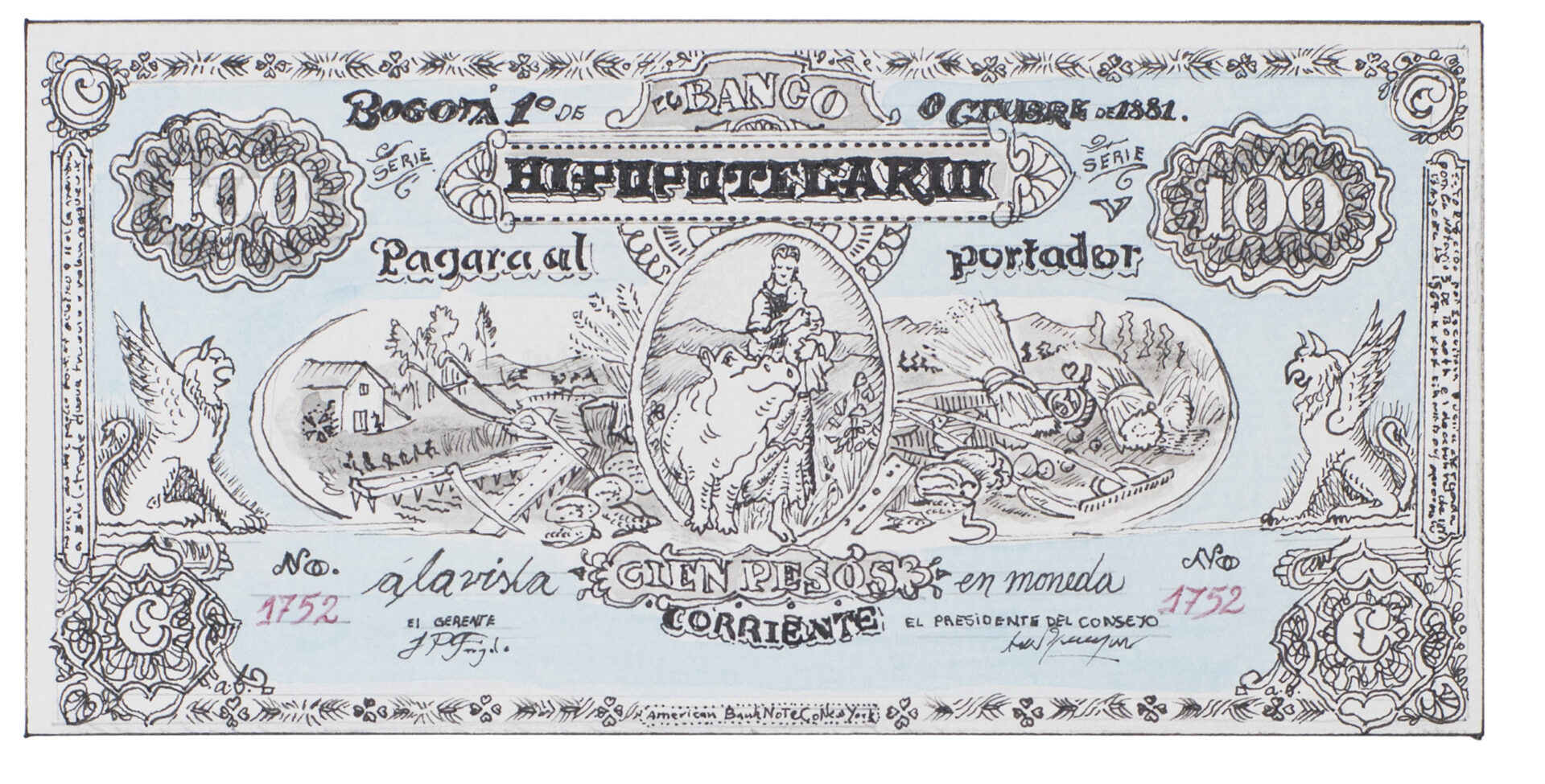 Cien del Banco Hipopotecario, 2025. Tinta china, lápiz y acuarela sobre papel de Alberto Baraya.