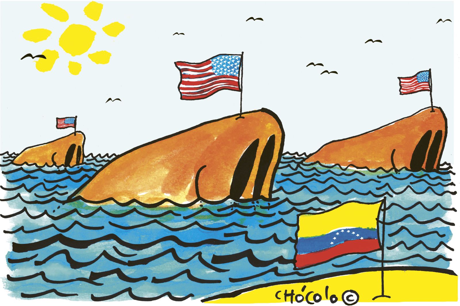 Narices frente a la costa venezolana. 2025. Humor gráfico de Chócolo.