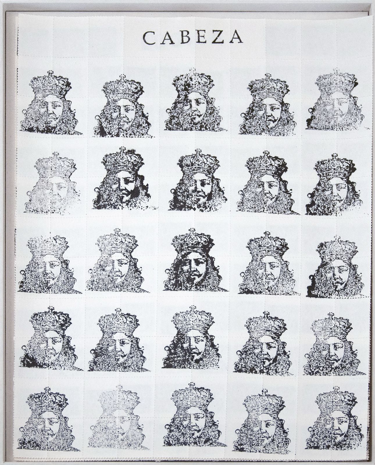 La materia, forma y poder de una república eclesiástica y civil, 2024.Xilografías sobre papel microperforado e impregnado con lsd de José Alejandro Restrepo.