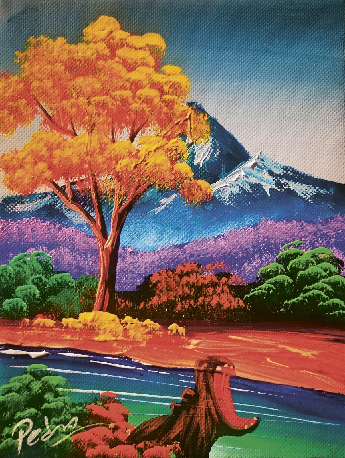 Sin título, de la serie 169 paisajes con hipopótamos, 2025. Acrílico sobre tela de Pedro Calzadilla, por encargo de x. Andrade.