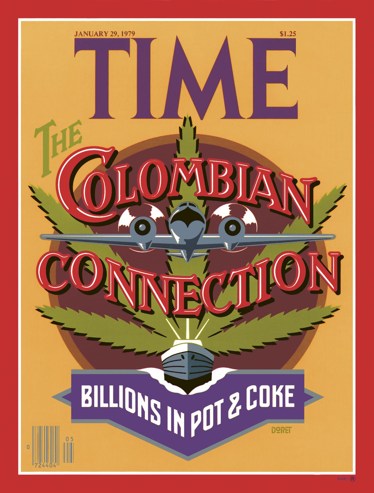 Dos portadas para Time Magazine diseñadas por Michael Doret. El número de enero de 1979 abordó por primera vez el narcotráfico como un fenómeno global y empresarial. Time describía el tráfico de drogas —especialmente marihuana, cocaína y heroína— como una industria internacional en expansión, alimentada por el consumo creciente en Estados Unidos y la falta de coordinación entre las agencias de control. El artículo central analizaba las redes de contrabando desde América Latina y el Caribe, destacando la porosidad de las fronteras y la sofisticación logística de los traficantes. También advertía sobre el poder económico y político emergente de estos grupos, que comenzaban a operar como corporaciones ilegales con estructuras jerárquicas, rutas aéreas y marítimas, y vínculos con autoridades locales. El tono del reportaje oscilaba entre el alarmismo social y la fascinación por la magnitud del negocio, situando al narcotráfico como uno de los mayores desafíos de la política exterior estadounidense al final de la década de 1970. El especial de febrero de 1985 marcó el punto más alto de la llamada Cocaine Panic en Estados Unidos. Time exploró el auge del consumo de cocaína como símbolo de estatus en los círculos urbanos y profesionales, al tiempo que denunciaba los costos sociales y de salud asociados. El reportaje rastreaba el origen de la droga en los laboratorios clandestinos de Colombia, Perú y Bolivia, y señalaba la consolidación de los carteles de Medellín y Cali como los nuevos actores dominantes del comercio mundial. La revista combinaba análisis médico, económico y cultural, mostrando cómo la cocaína había pasado de ser una droga «glamurosa» a un problema nacional de adicción y violencia.