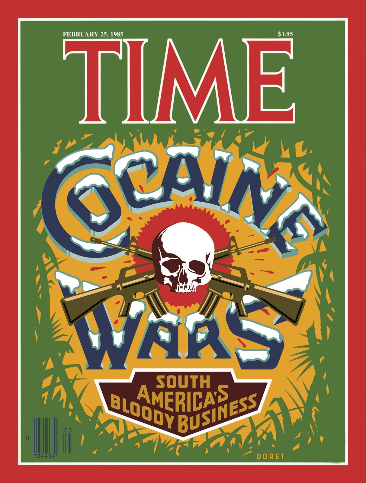 Dos portadas para Time Magazine diseñadas por Michael Doret. El número de enero de 1979 abordó por primera vez el narcotráfico como un fenómeno global y empresarial. Time describía el tráfico de drogas —especialmente marihuana, cocaína y heroína— como una industria internacional en expansión, alimentada por el consumo creciente en Estados Unidos y la falta de coordinación entre las agencias de control. El artículo central analizaba las redes de contrabando desde América Latina y el Caribe, destacando la porosidad de las fronteras y la sofisticación logística de los traficantes. También advertía sobre el poder económico y político emergente de estos grupos, que comenzaban a operar como corporaciones ilegales con estructuras jerárquicas, rutas aéreas y marítimas, y vínculos con autoridades locales. El tono del reportaje oscilaba entre el alarmismo social y la fascinación por la magnitud del negocio, situando al narcotráfico como uno de los mayores desafíos de la política exterior estadounidense al final de la década de 1970. El especial de febrero de 1985 marcó el punto más alto de la llamada Cocaine Panic en Estados Unidos. Time exploró el auge del consumo de cocaína como símbolo de estatus en los círculos urbanos y profesionales, al tiempo que denunciaba los costos sociales y de salud asociados. El reportaje rastreaba el origen de la droga en los laboratorios clandestinos de Colombia, Perú y Bolivia, y señalaba la consolidación de los carteles de Medellín y Cali como los nuevos actores dominantes del comercio mundial. La revista combinaba análisis médico, económico y cultural, mostrando cómo la cocaína había pasado de ser una droga «glamurosa» a un problema nacional de adicción y violencia.