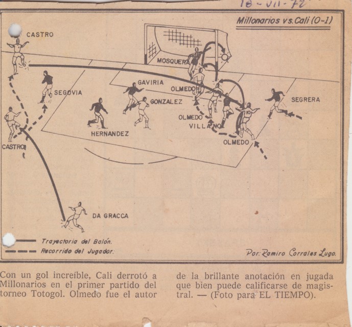 Con un gol increíble, Cali derrotó a Millonarios en el primer partido del torneo Totogol. Olmedo fue el autor de la brillante anotación en jugada que bien puede clasificarse de magistral.