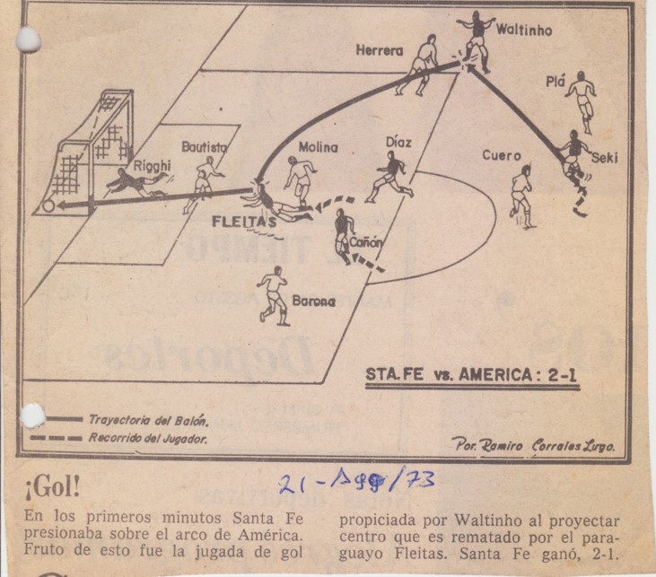 ¡Gol! En los primeros minutos Santa Fe presionaba sobre el arco de América. Fruto de esto fue la jugada de gol propiciada por Waltinho al proyectar centro que es rematado por el paraguayo Fleitas. Santa Fe ganó 2-1.