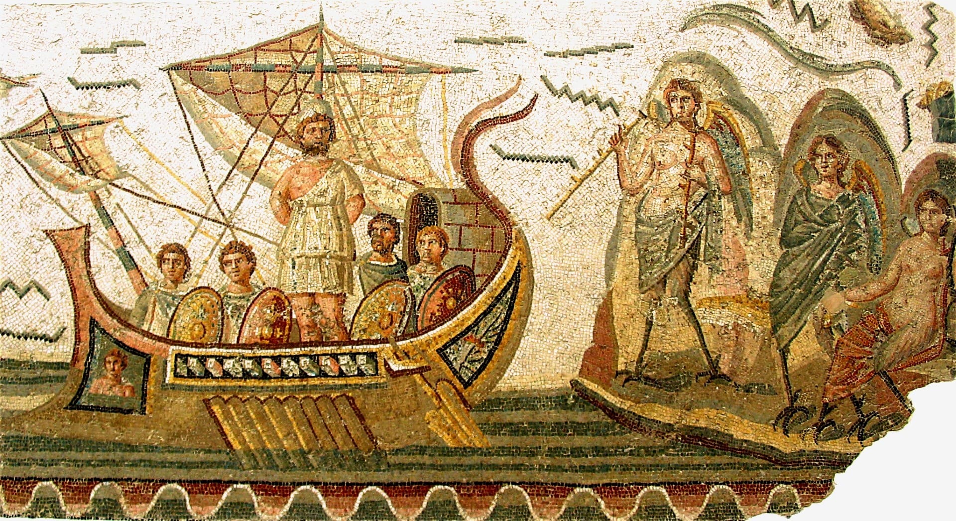 Ulises y las sirenas. Mosaico romano procedente de Dougga (actual Túnez). Siglo III d. C. Musée national du Bardo (Túnez). Fuente: Musée national du Bardo.