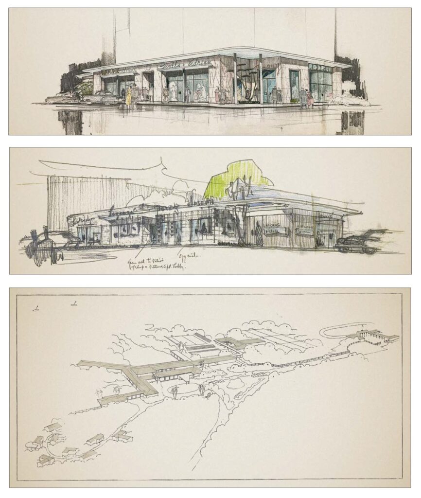 Arriba: Bocetos para un edificio comercial de Miguel Germán de Ribón. Bogotá, ca. 1946.Abajo: Vista aérea de la propuesta para el Country Club de Bogotá, realizada en colaboración con Frederick C. Bird. Bogotá, 1945.