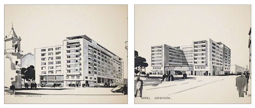 Propuesta para el hotel Granada. Perspectiva desde la avenida Jiménez y el Parque Santander. Bogotá, ca. 1946.