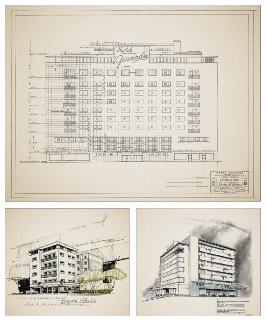 Arriba: Fachada sur del proyecto para el hotel Granada, realizado en colaboración con Frederick C. Bird. Bogotá, 1946.Abajo a la izquierda: Propuesta para el edificio de apartamentos de Alejandro Ángel Escobar. Bogotá, 1951-1952. Abajo a la derecha: Edificio de apartamentos y almacenes para Luis Toro Villegas. Bogotá, ca. 1948.