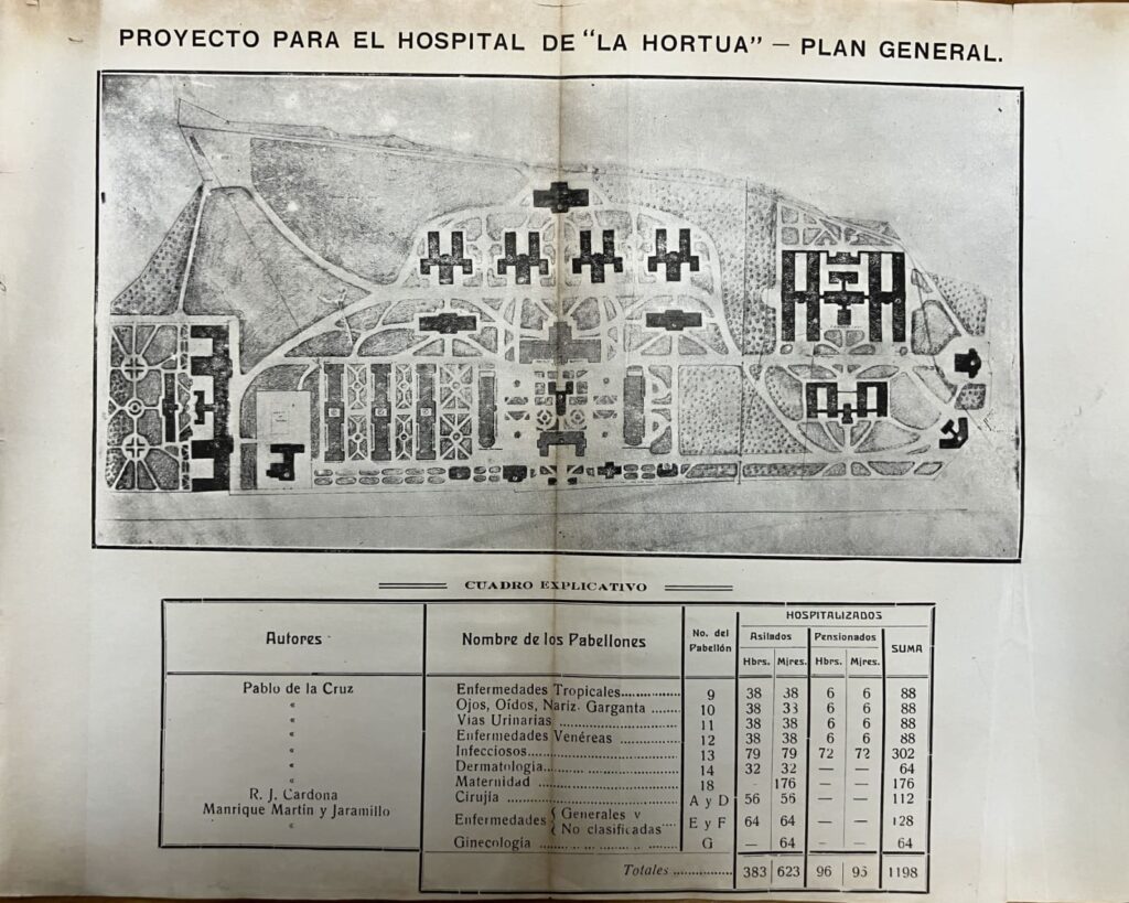 Proyecto de Pablo de la Cruz que detalla los pabellones proyectados y los construidos. En: <i>Informe que rinde la Junta General de Beneficencia de Cundinamarca a la Asamblea Departamental en sus sesiones de 1922</i> (Bogotá: Imprenta de La Luz).